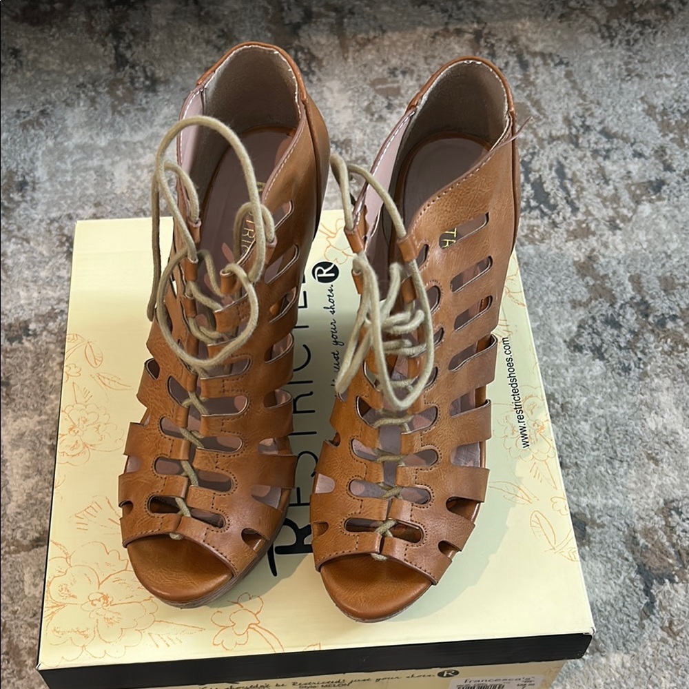 Restricted Tan Gladiator Sandals With Stiletto He… - image 1